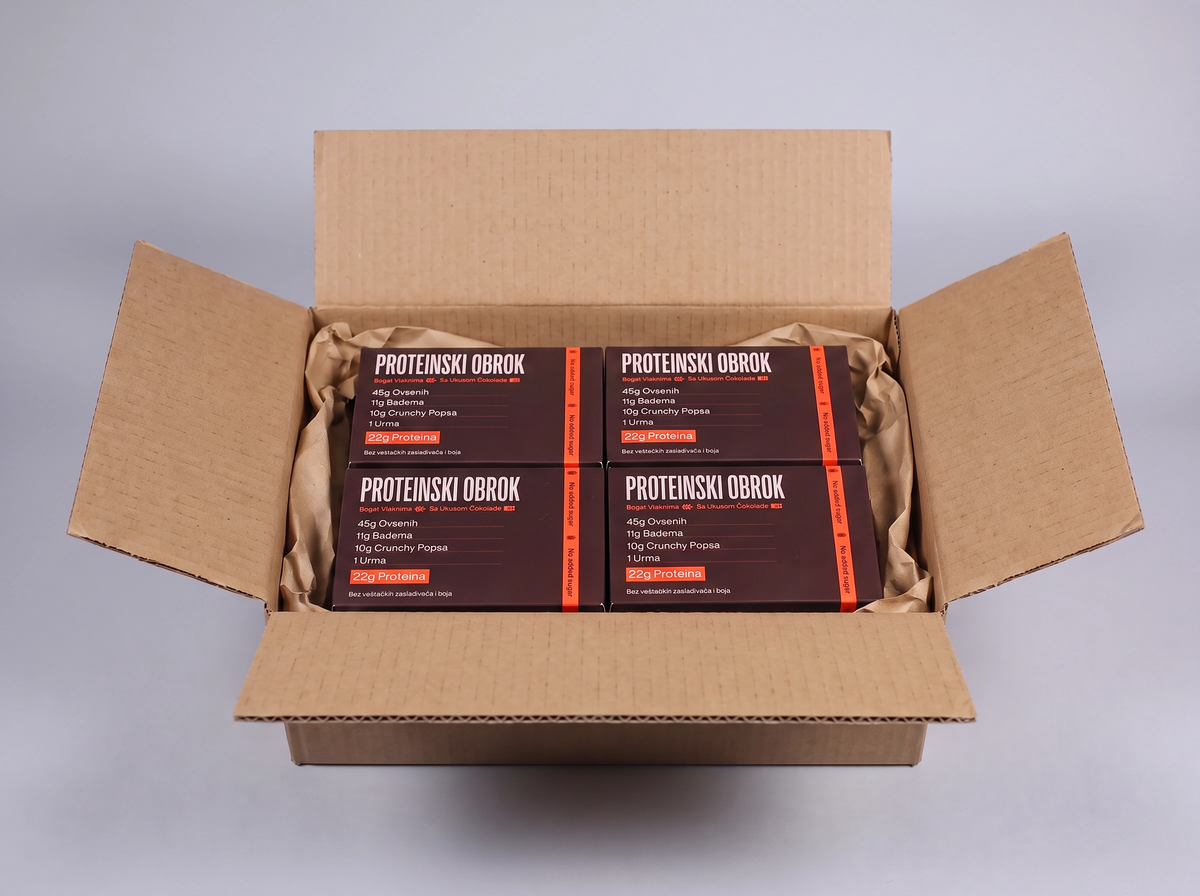Four PROTY crna čokolada bars from the PROTY 4-pack, with smooth dark chocolate visible in the image.